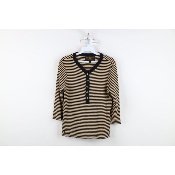 Vintage 90s Ralph Lauren Womens Large Striped Thermal Ribbed Knit Henley T-Shirt - Picture 1 of 11
